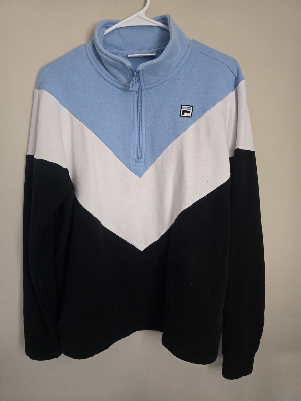 Fila Womans Light Blue White Black Colorblock Half-Zip Sweater
